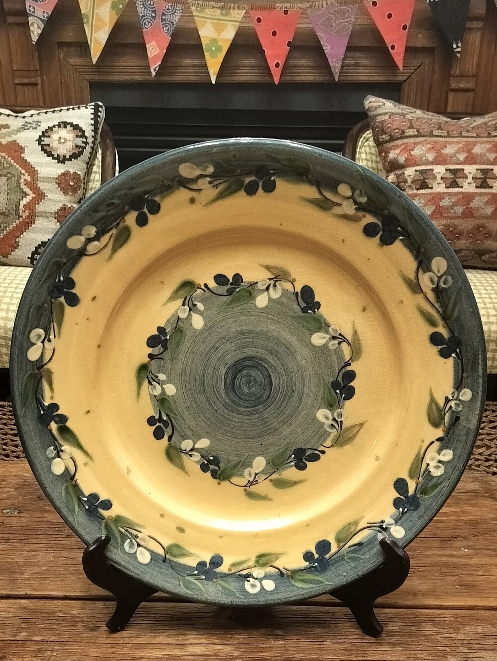 Lg. French Provence Pottery Platter Gold Glaze Blue Stripe Floral, Stamped